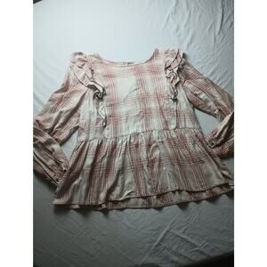 Loft Burnt Orange Plaid Blouse Top Shirt Ruffle Baby Doll Women Size MP